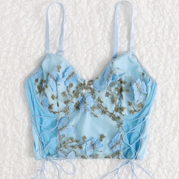 Blue corset with butterfly accents and string accents - Picture 1 of 3